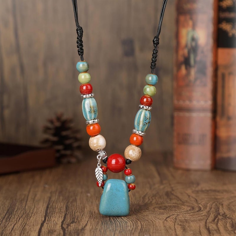 DS Boho Beaded Necklace for Women–Colorful Ceramic & African Tribal Beads, Adjustable Long Chunky Bohemian Jewelry with Gift Box Packaging,Hippie Witchy Vintage Handmade Fashion Statement Necklace - Image 2